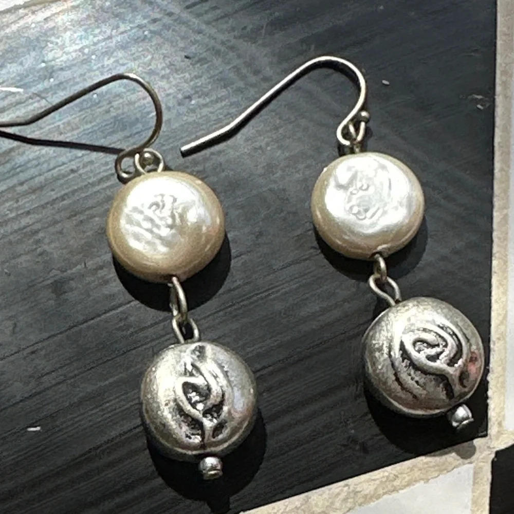 NATURAL BAROQUE = Silver coins long dangle earrings